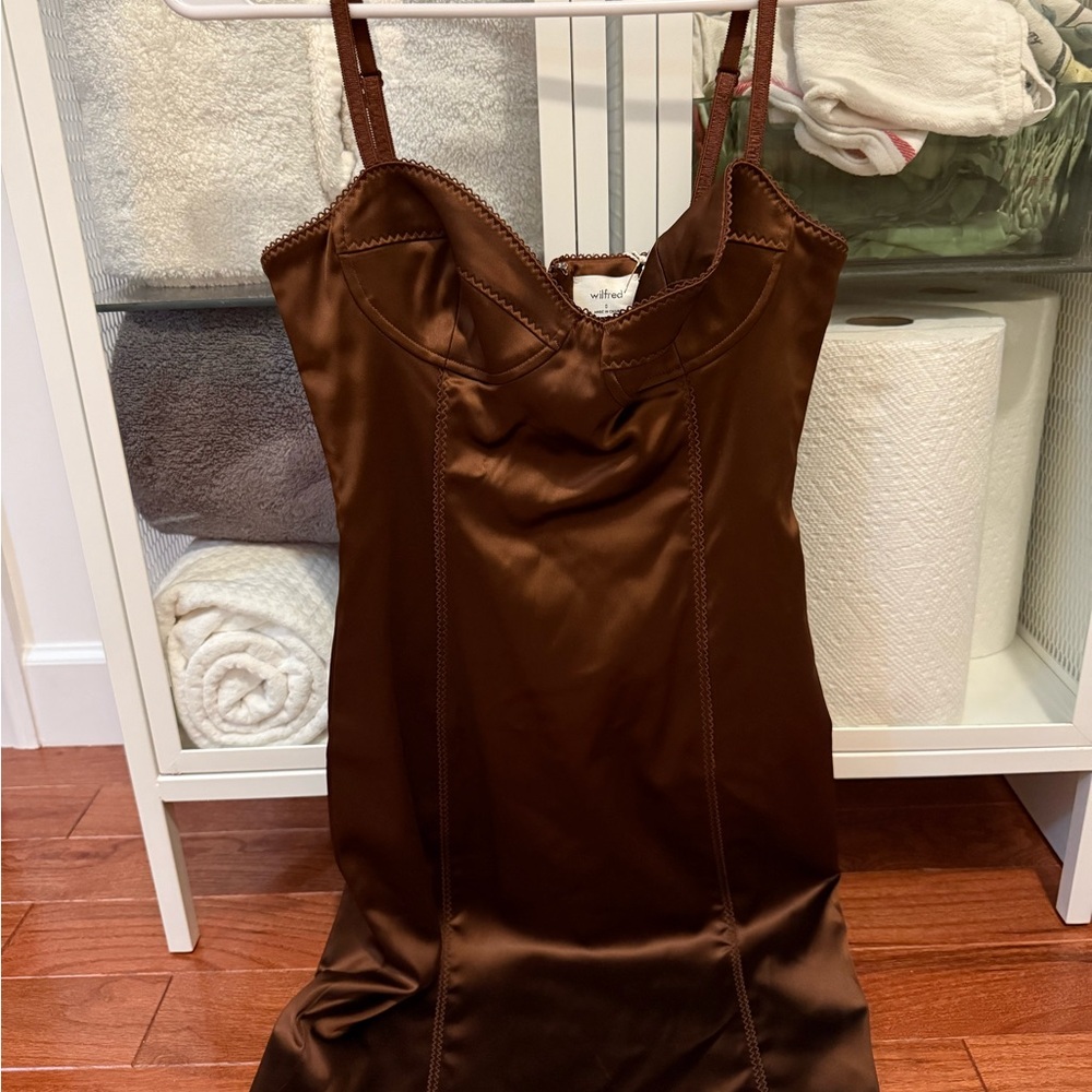NWT ARITZIA Wilfred Cognac Mirror Silk Mini Dress